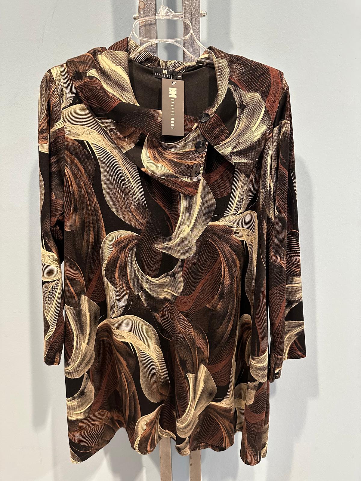 Elegante Langarm-Tunika mit Braun-Gold Abstraktmuster – Wählbar mit Schalkragen oder Rundhalsausschnitt