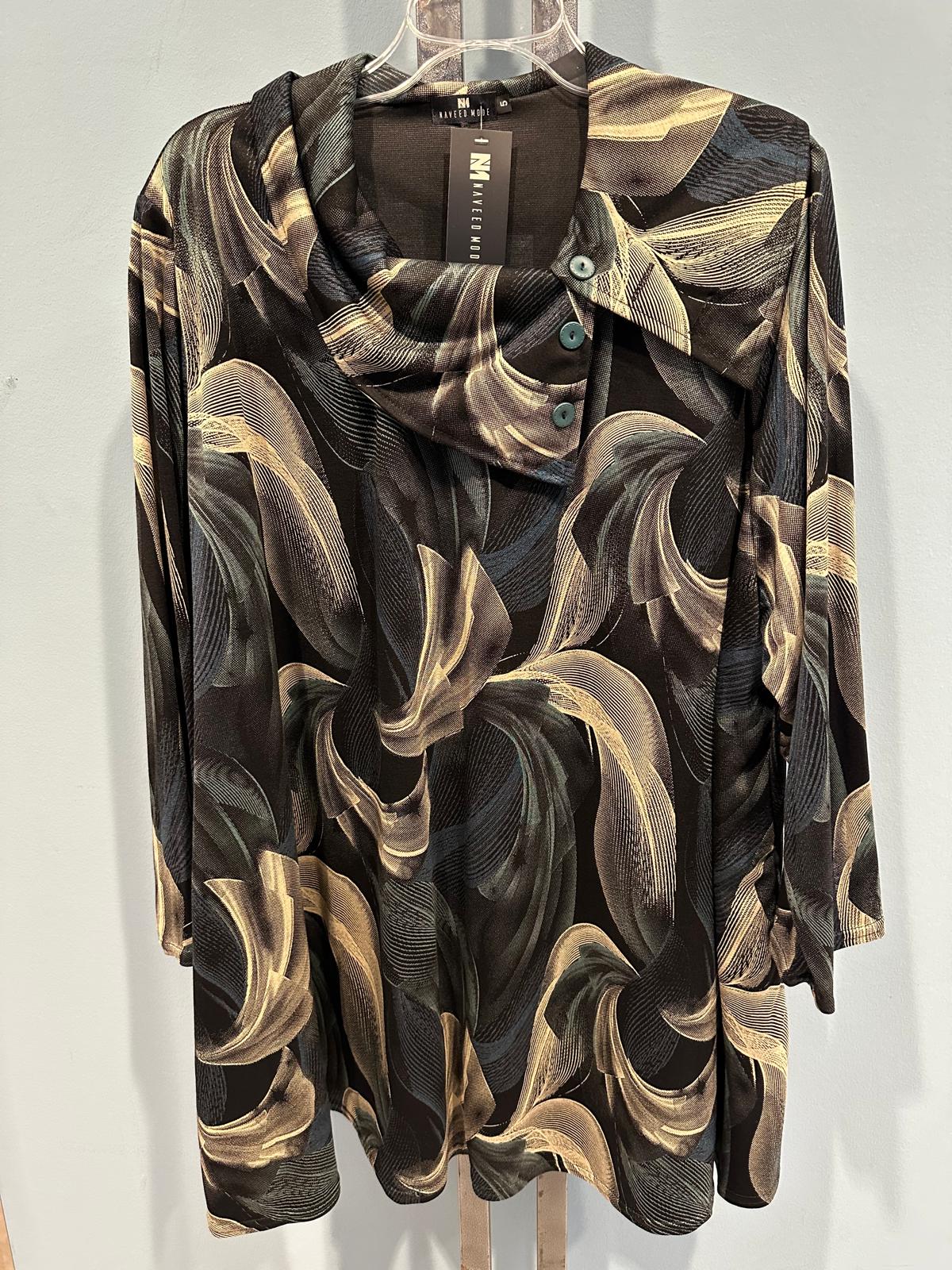 Elegante Langarm-Tunika in Schwarz-Gold-Blau Abstraktmuster – Verfügbar als Schalkragen- oder Rundhals-Variante