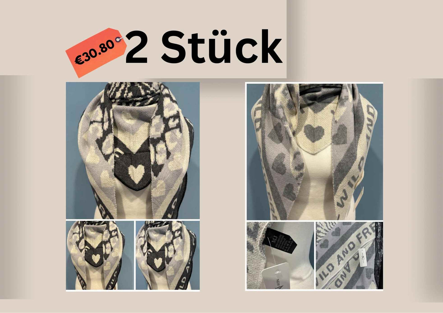 NEUE Kollektion Schal Damen Weicher Viskose-Wollschal Leopardenmuster Zebra Herz