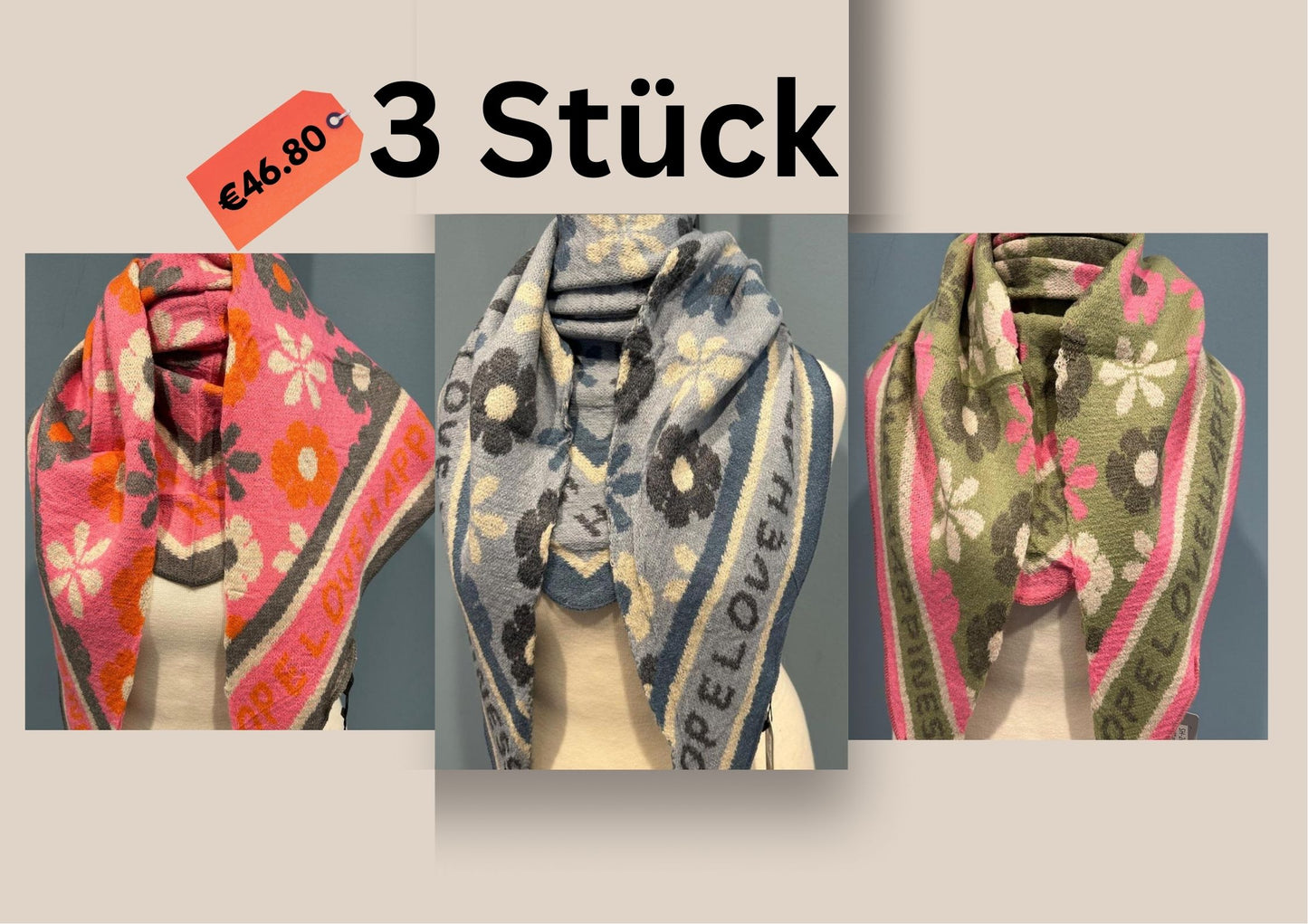 ChicDamen Viscose Schal Rosa Grau Weiß Blumen Boho Style Poncho Tuch