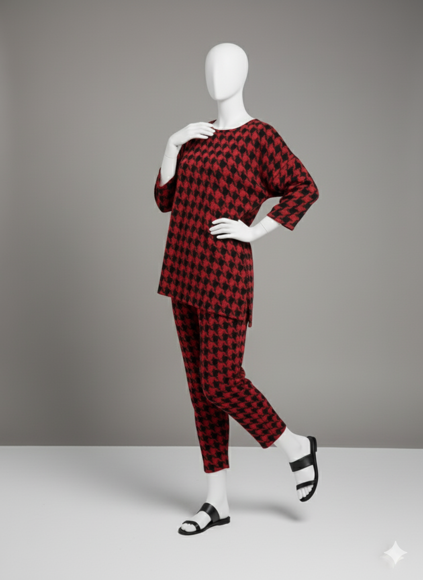 Elegantes Zweiteiler-Set mit rotem Hahnentrittmuster