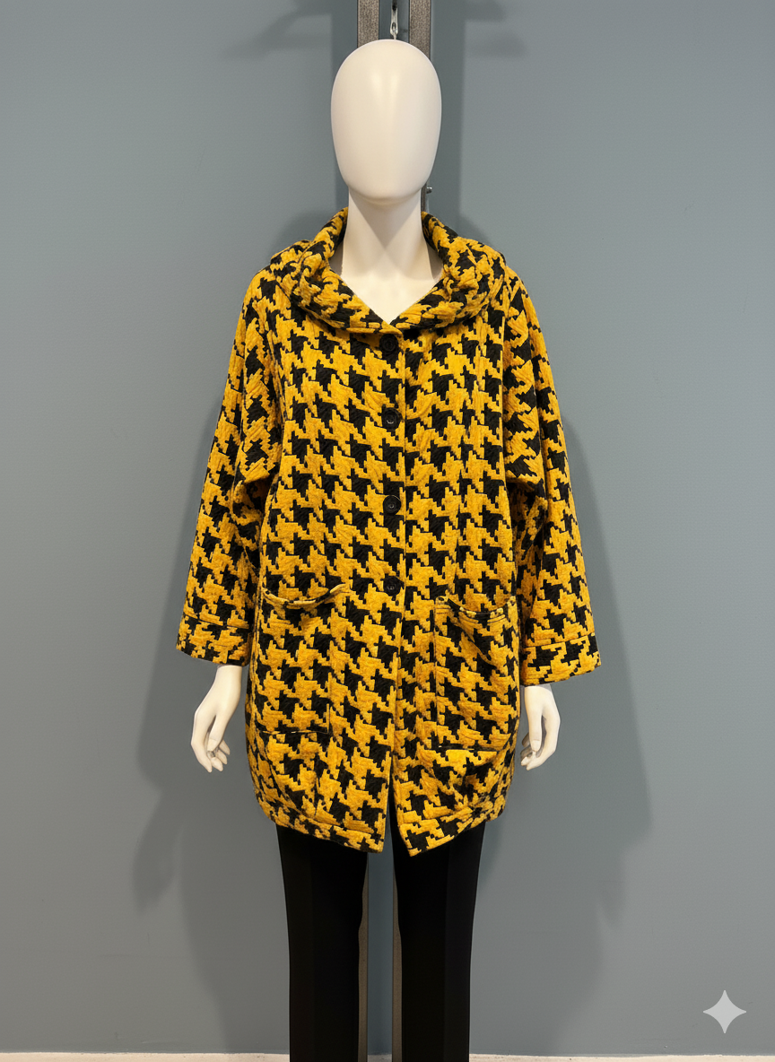 Auffällig & Trendy: Hahnentritt Mantel | Oversize-Steppjacke in Schwarz-Gelb