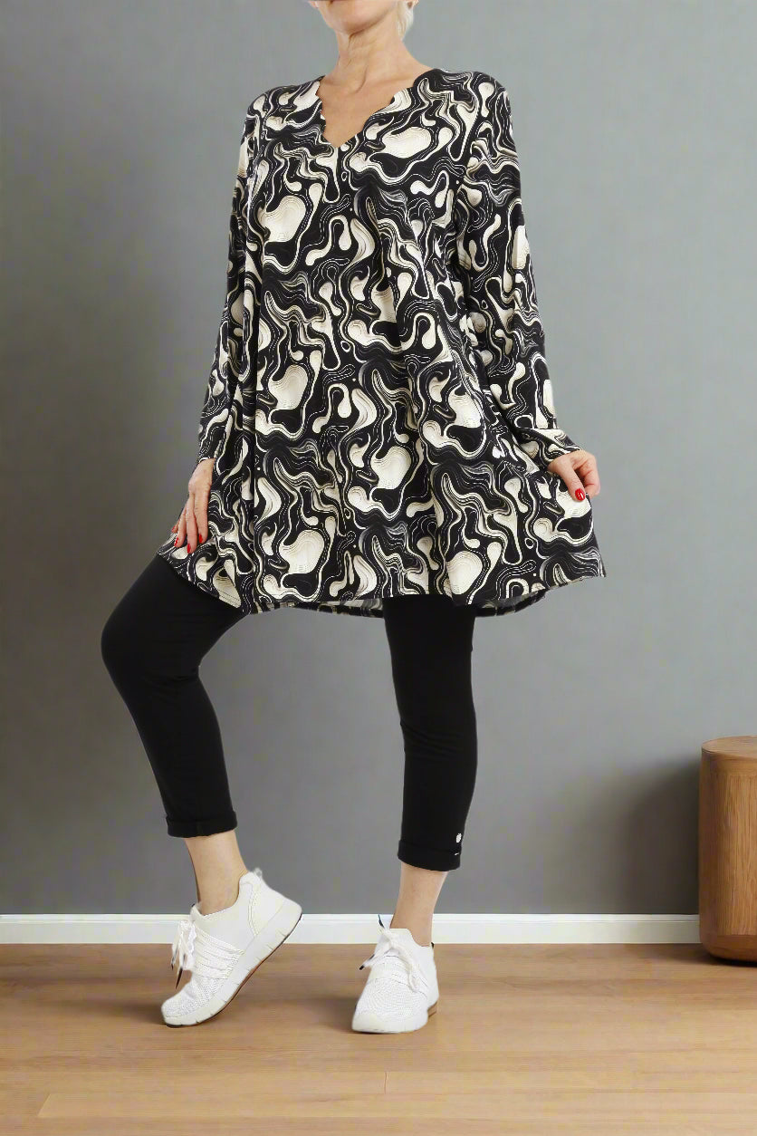 Damen Langarmshirt mit Wirbelmuster – Bequeme Viskose Tunika mit Lockerem Schnitt - Naveed Mode GmbH