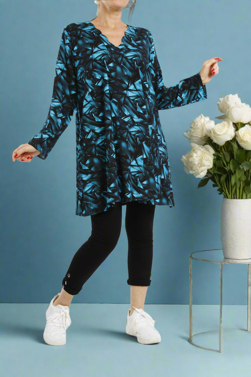 Viskose Türkis-Schwarz gemustertes Langarmshirt Damen - Naveed Mode GmbH