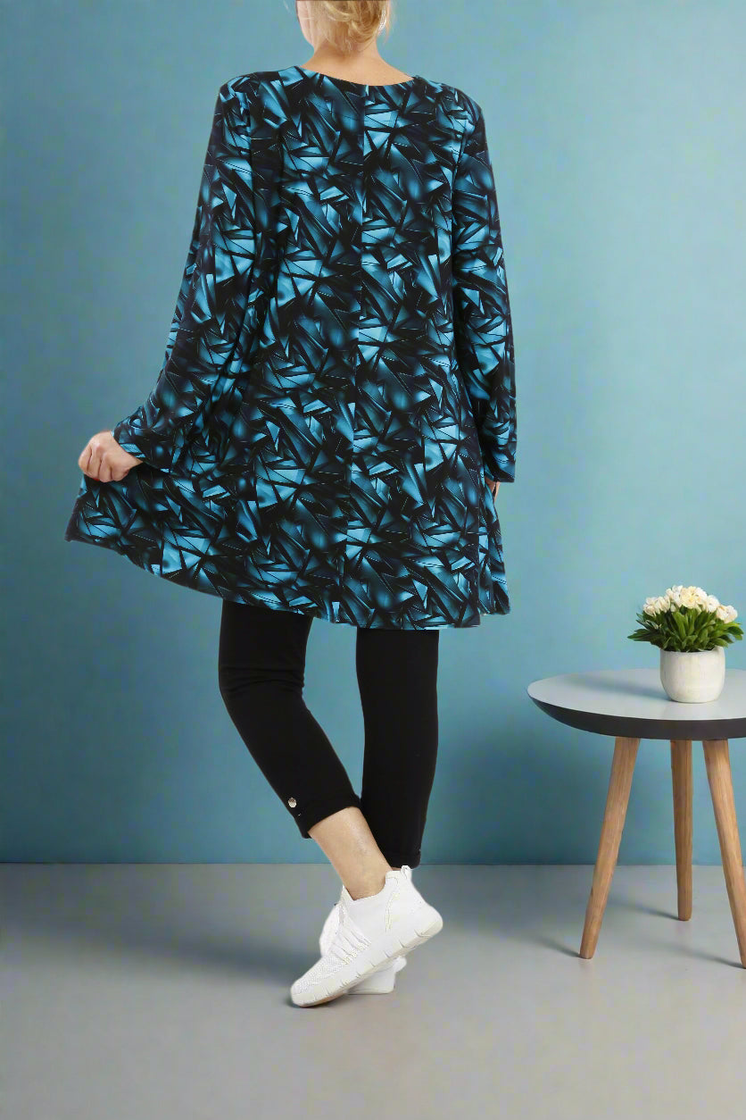 Viskose Türkis-Schwarz gemustertes Langarmshirt Damen - Naveed Mode GmbH
