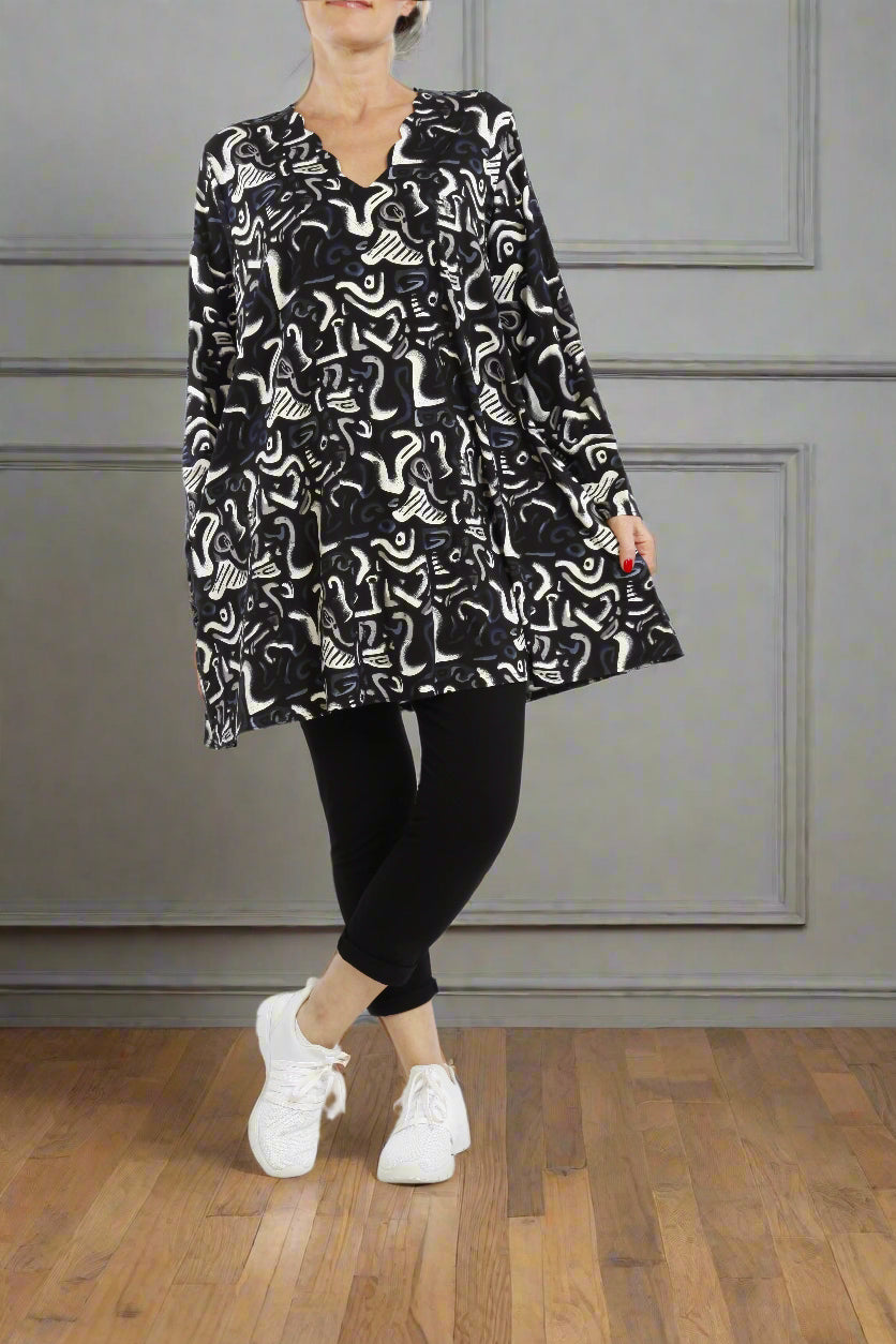 Schwarz-Weiß Abstrakt Langarm-Shirt Damen - Naveed Mode GmbH