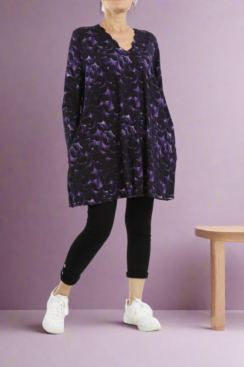Viskose Lila-Schwarz abstraktes Langarmshirt für Damen - Naveed Mode GmbH