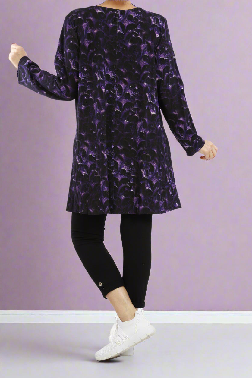 Viskose Lila-Schwarz abstraktes Langarmshirt für Damen - Naveed Mode GmbH