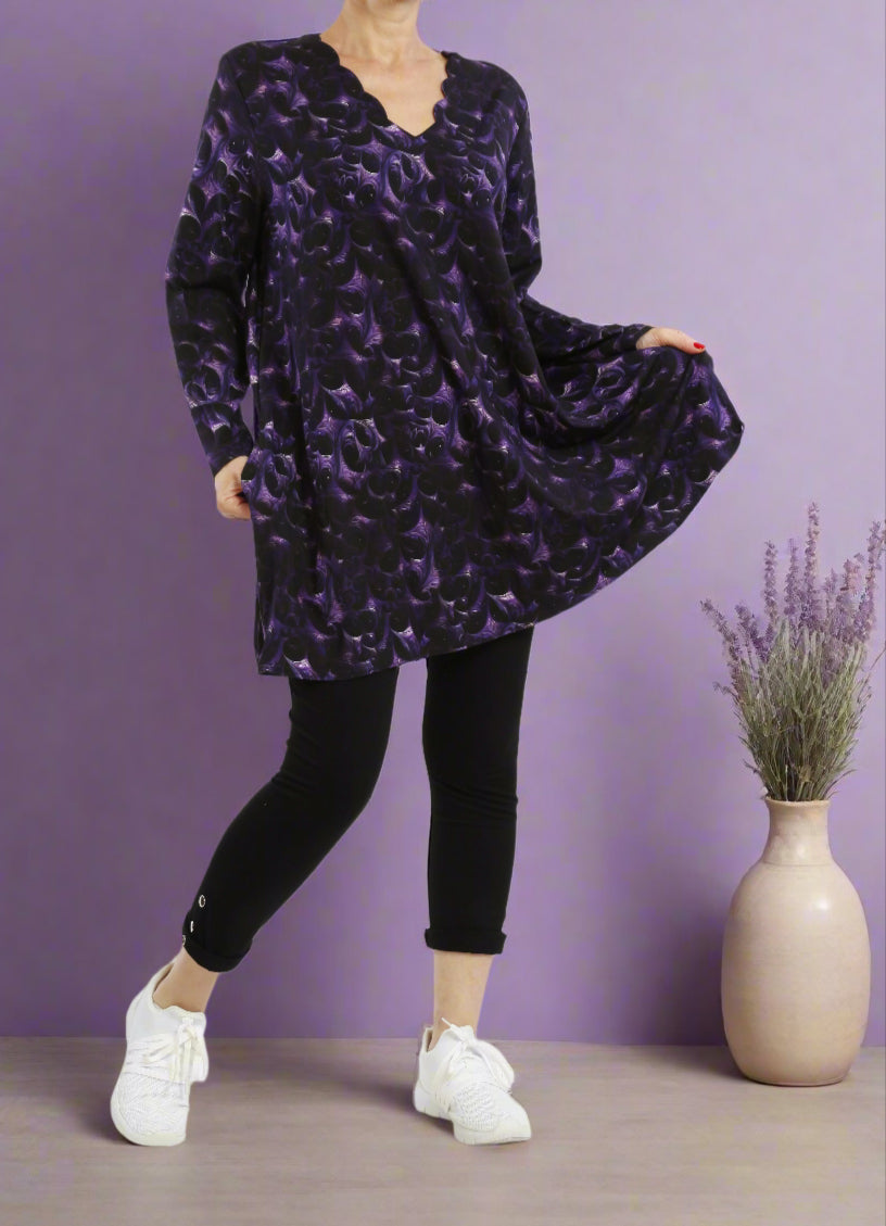 Viskose Lila-Schwarz abstraktes Langarmshirt für Damen - Naveed Mode GmbH
