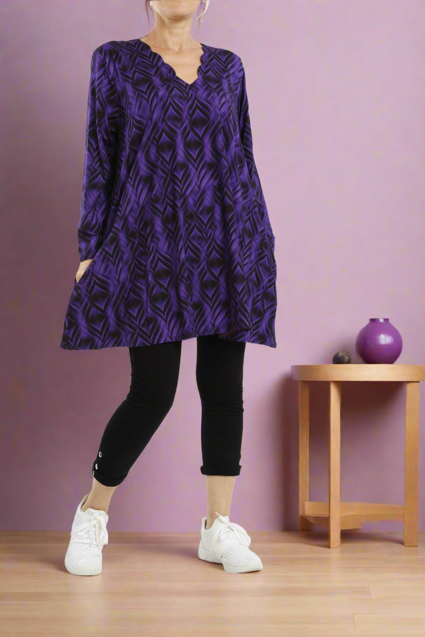 Damen Langarmshirt mit Zickzack-Muster – Bequeme Viskose Tunika mit Modernem Design - Naveed Mode GmbH
