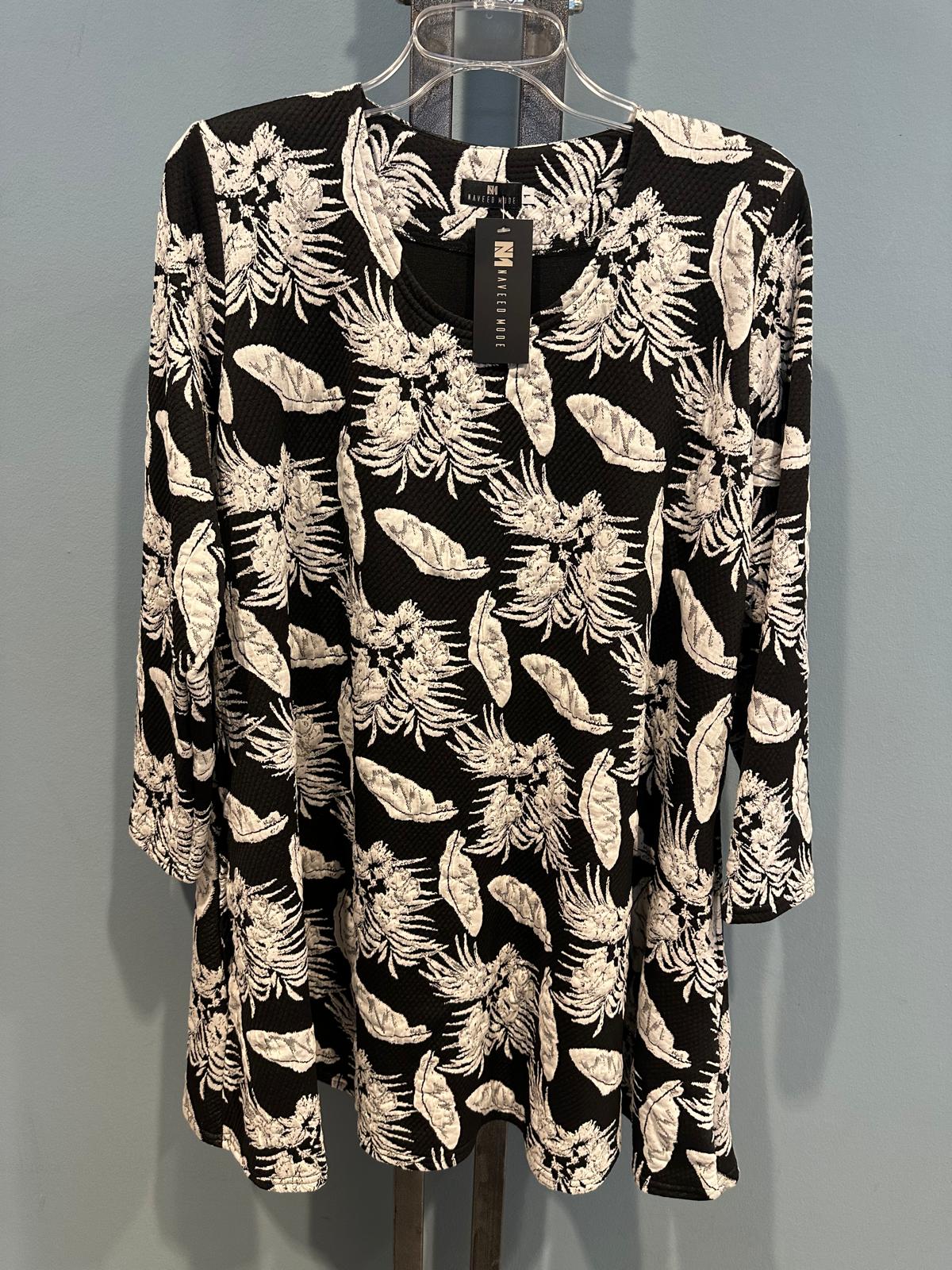 Tunikakleid schwarz-weiß mit Blumen- und Blätterprint