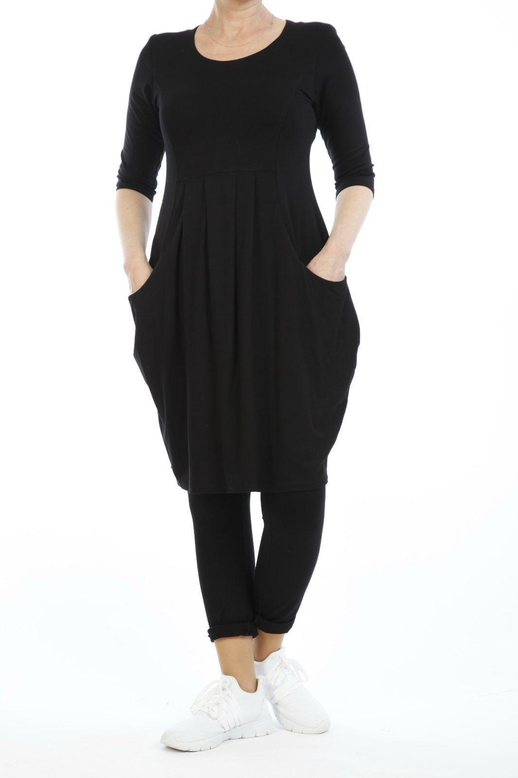 „Schwarzes Damen Freizeitkleid – Einfarbig – Basic-Oversize Tunika aus Baumwolle mit Taschen – Lässiges Langarm Kleid“ - Naveed Mode GmbH