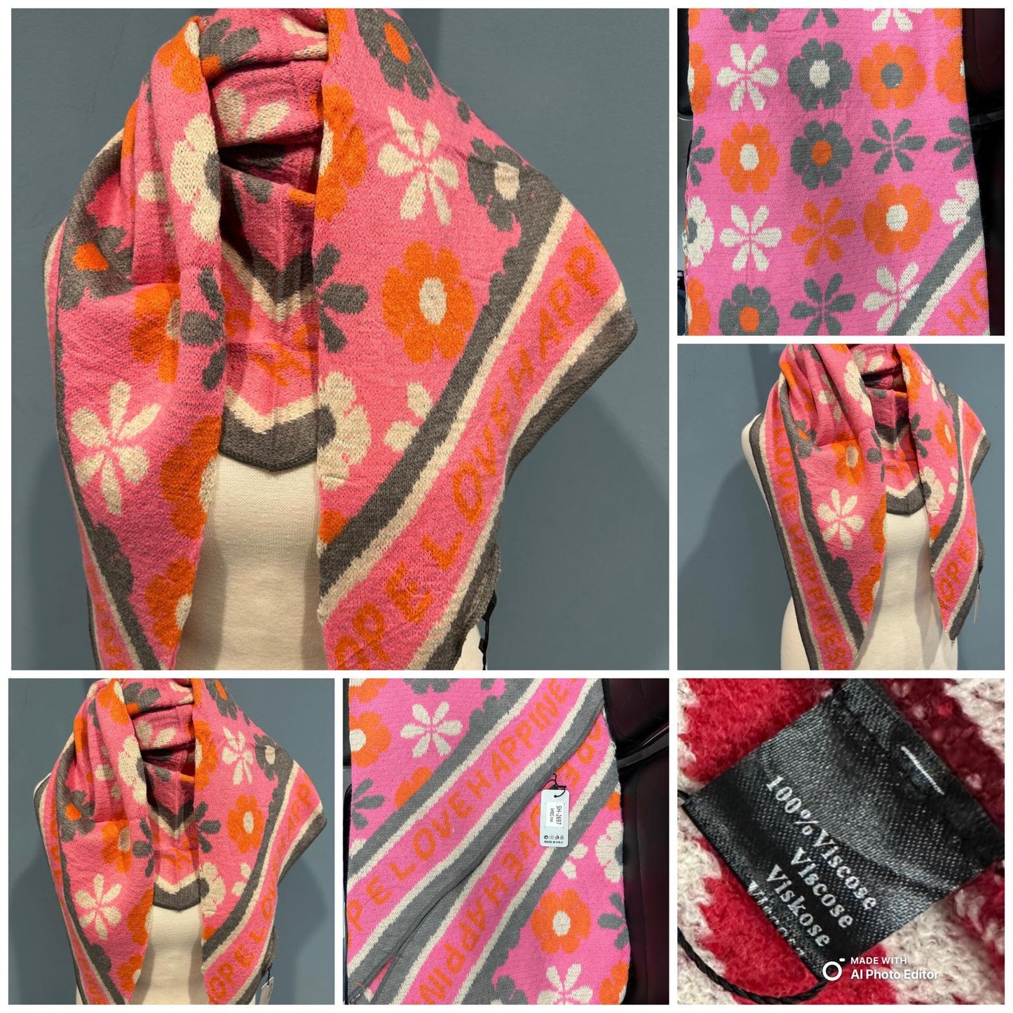 ChicDamen Viscose Schal Rosa Grau Weiß Blumen Boho Style Poncho Tuch