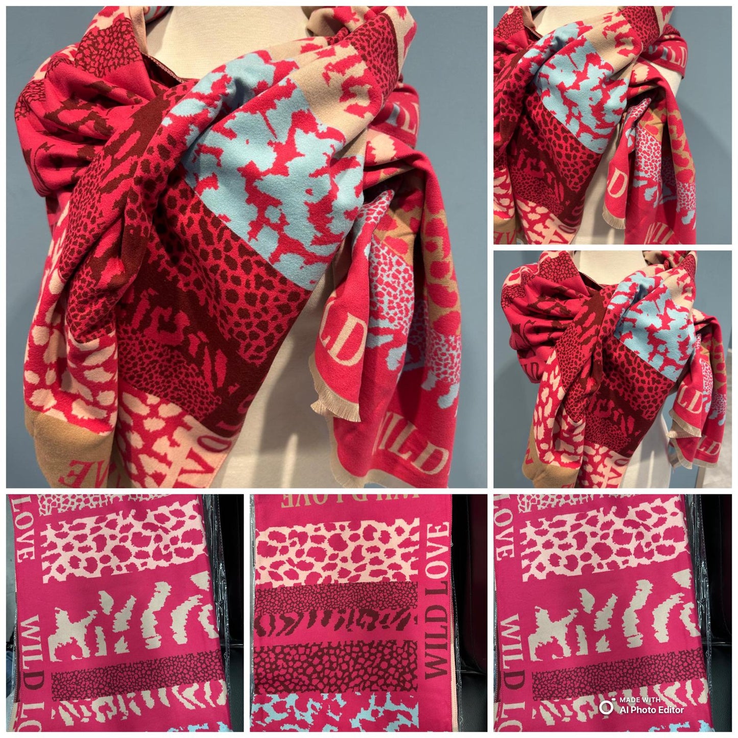 chicdamen Neu Wild Love Tiermuster Schal | Große Viscose Stola | Fransen | Leopardenmuster | Schal für Frauen