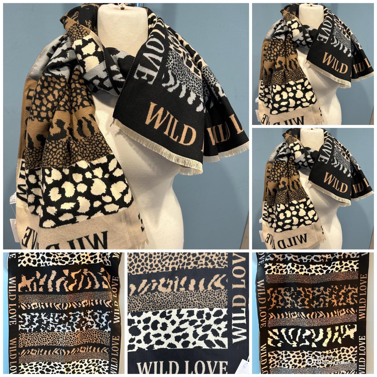 chicdamen Neu Wild Love Tiermuster Schal | Große Viscose Stola | Fransen | Leopardenmuster | Schal für Frauen