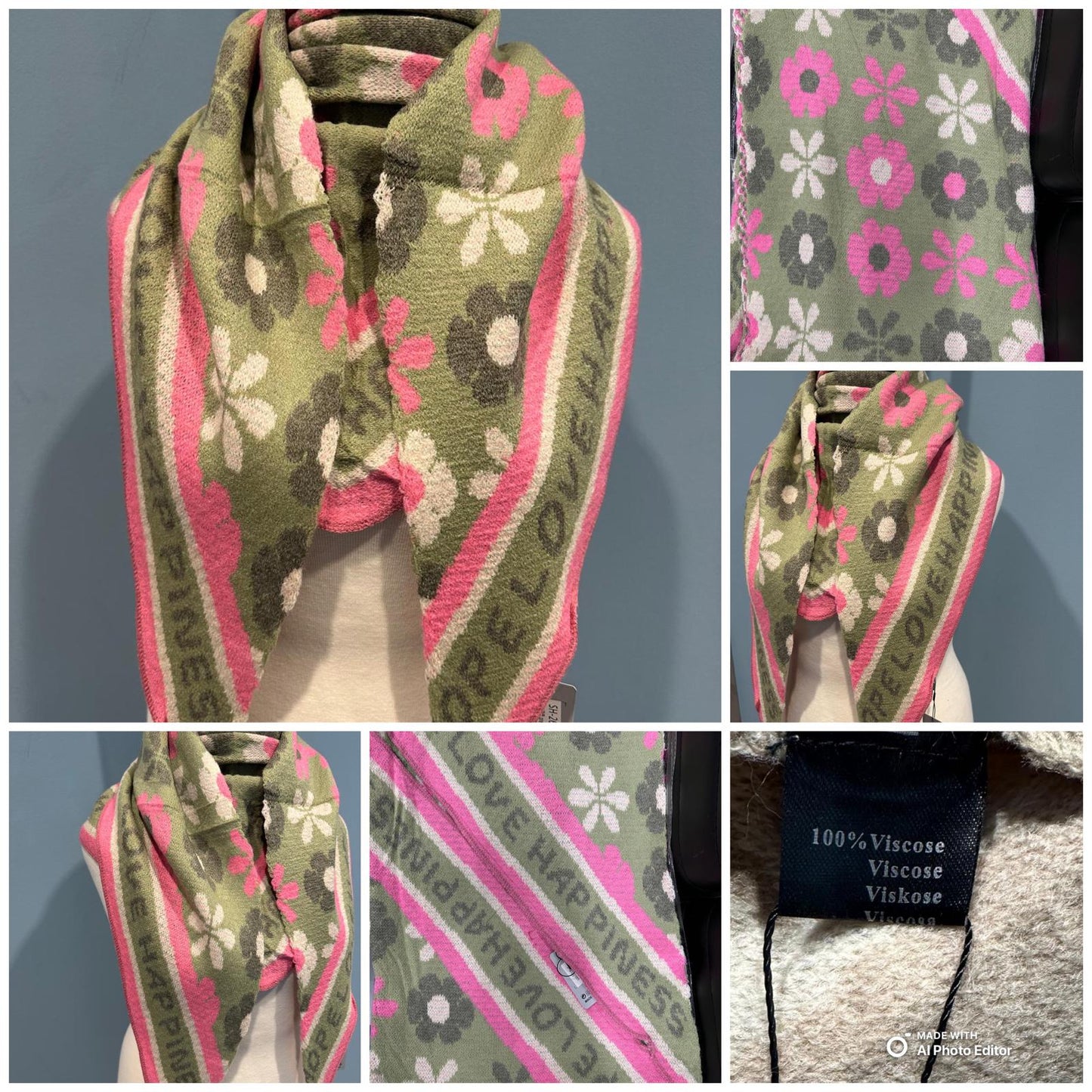 ChicDamen Viscose Schal Rosa Grau Weiß Blumen Boho Style Poncho Tuch