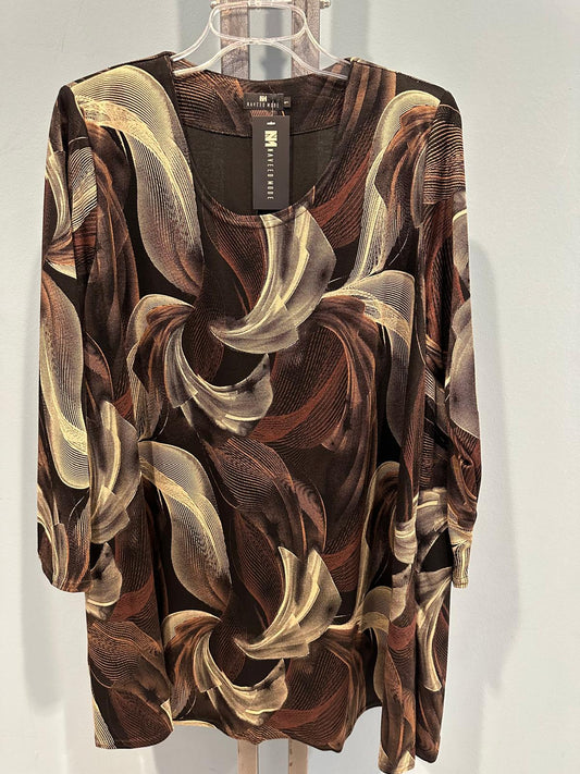 Elegante Langarm-Tunika mit Braun-Gold Abstraktmuster – Wählbar mit Schalkragen oder Rundhalsausschnitt