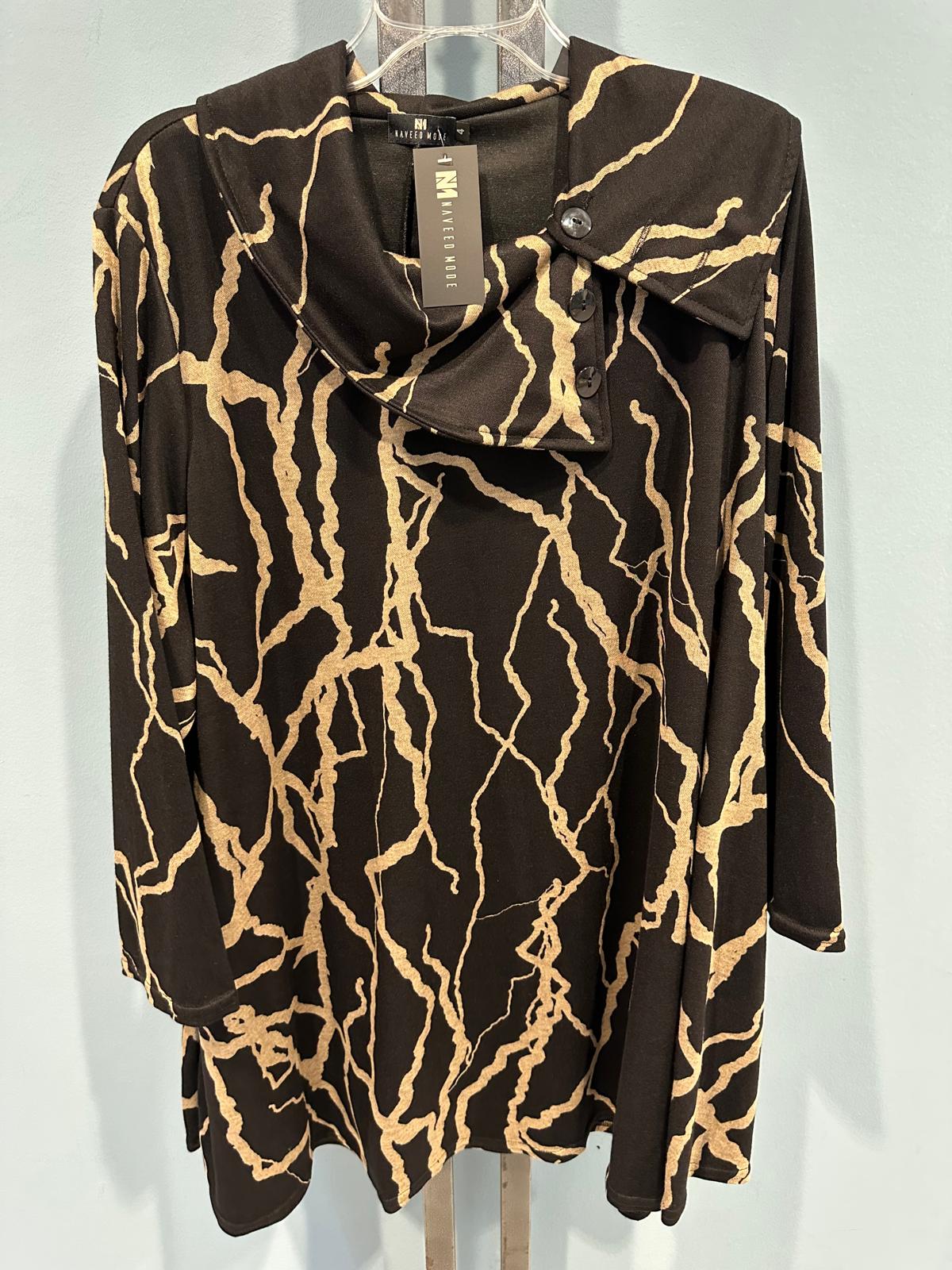 Tailliertes Tunika-Top mit Rundhalsausschnitt und 3/4-Ärmeln mit abstraktem, auffälligem Linienmuster – ideal für dehnbares Oberteil