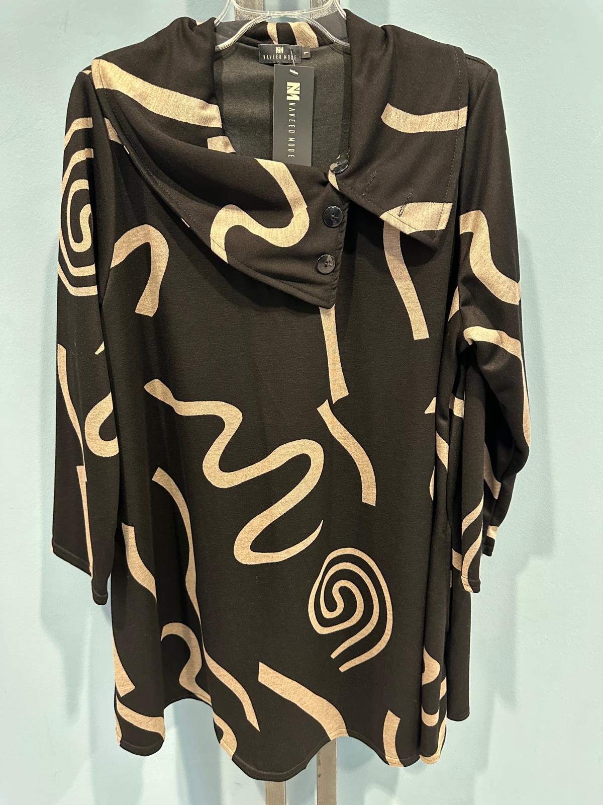 Tailliertes Tunika-Top mit Rundhalsausschnitt und 3/4-Ärmeln mit abstraktem, auffälligem Linienmuster – ideal für dehnbares Oberteil