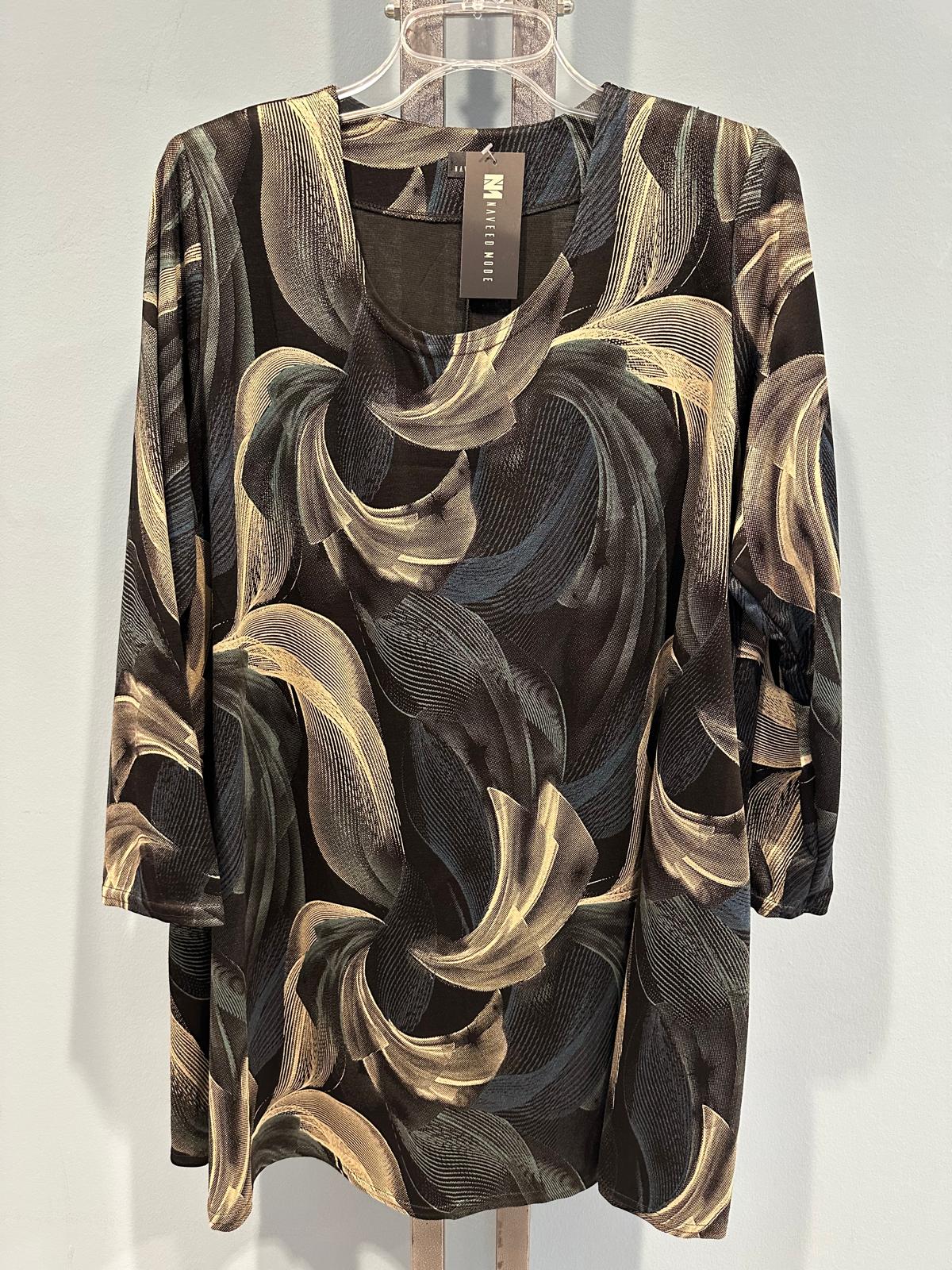 Elegante Langarm-Tunika in Schwarz-Gold-Blau Abstraktmuster – Verfügbar als Schalkragen- oder Rundhals-Variante