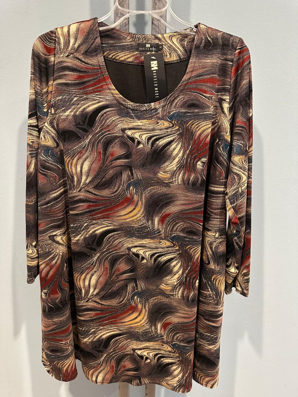 Warme Langarm-Tunika mit Dunklem Abstraktmuster (Braun, Rostrot, Gold) – Erhältlich als Schalkragen- oder Rundhals-Bluse