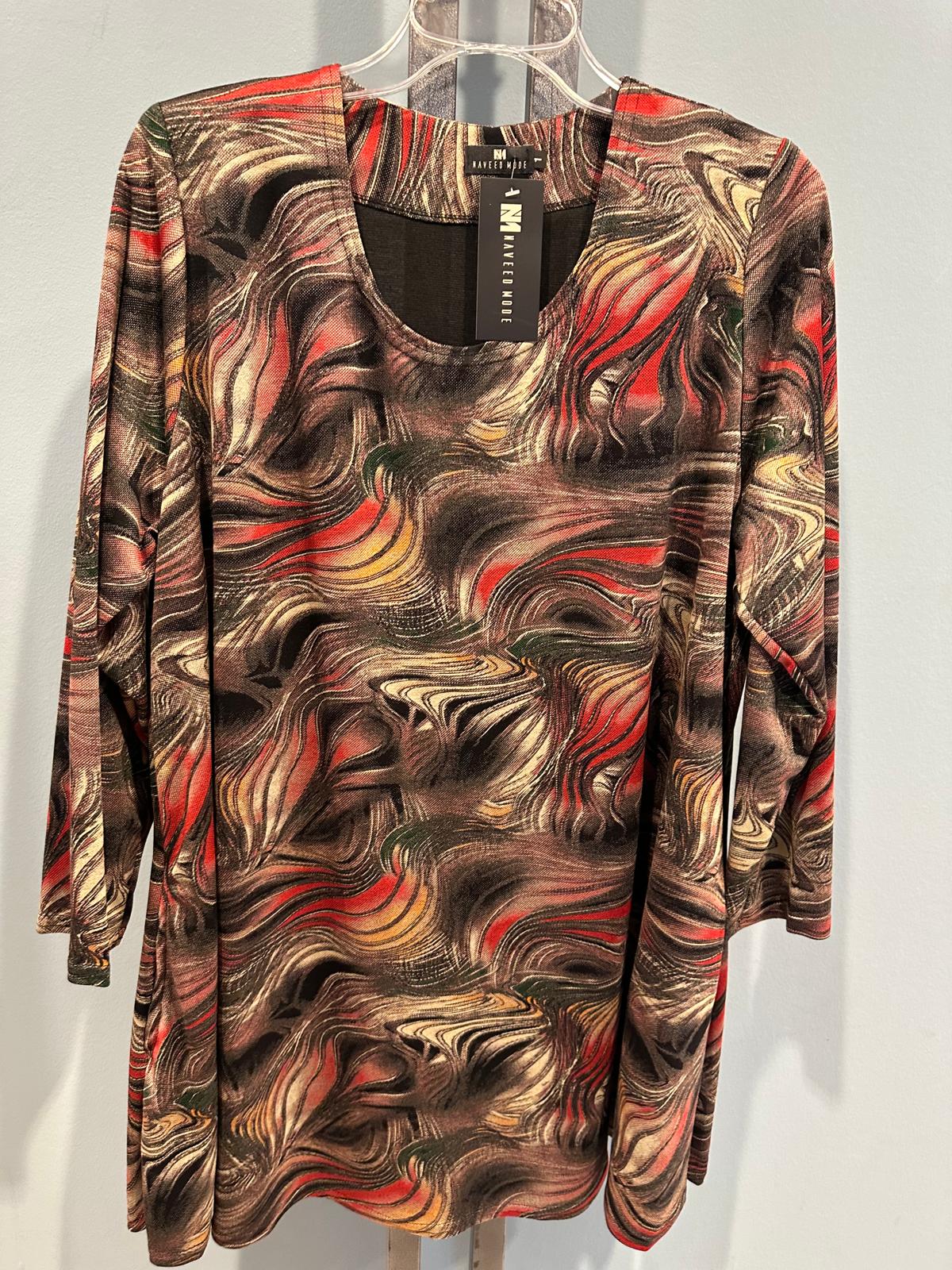 Damenshirt in Übergröße mit abstraktem Muster – fließendes Top mit Ellbogenärmeln und Rundhalsausschnitt/Wasserfallkragen