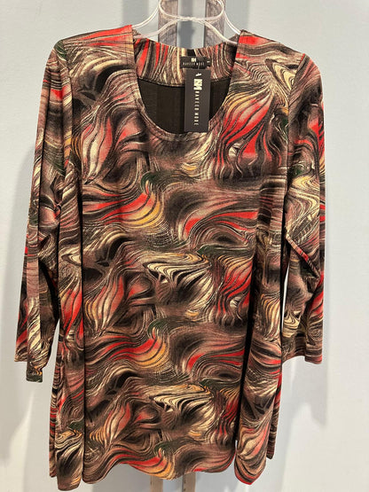 Damenshirt in Übergröße mit abstraktem Muster – fließendes Top mit Ellbogenärmeln und Rundhalsausschnitt/Wasserfallkragen