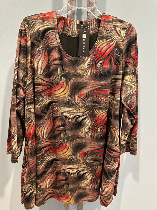 Damenshirt in Übergröße mit abstraktem Muster – fließendes Top mit Ellbogenärmeln und Rundhalsausschnitt/Wasserfallkragen