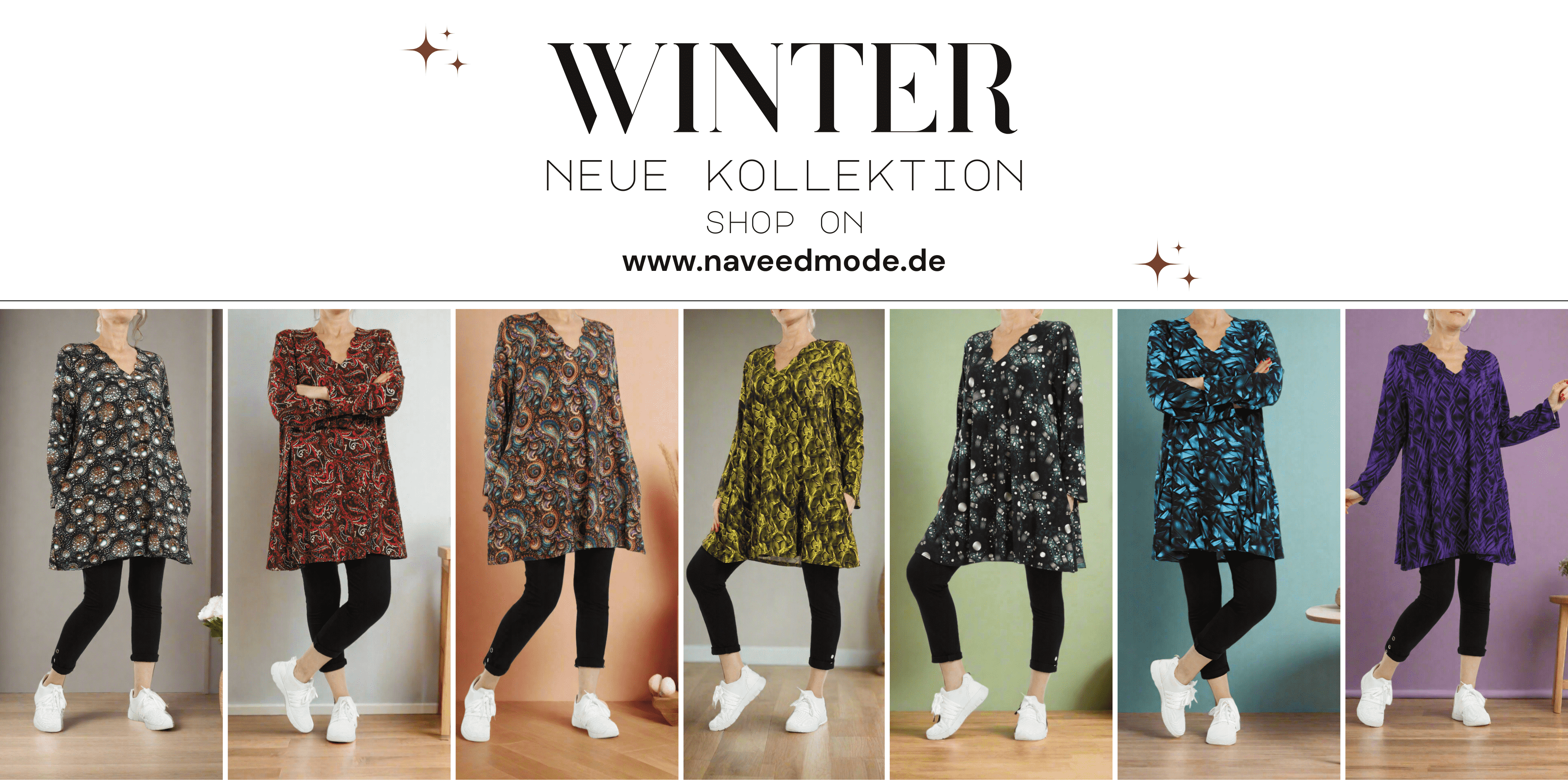 Model trägt gemusterte Tuniken aus der Naveedmode Winterkollektion – kombiniert mit schwarzen Leggings und weißen Sneakern