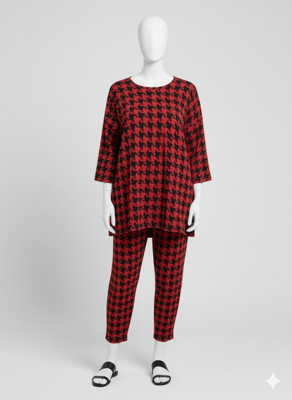 Elegantes Zweiteiler-Set mit rotem Hahnentrittmuster