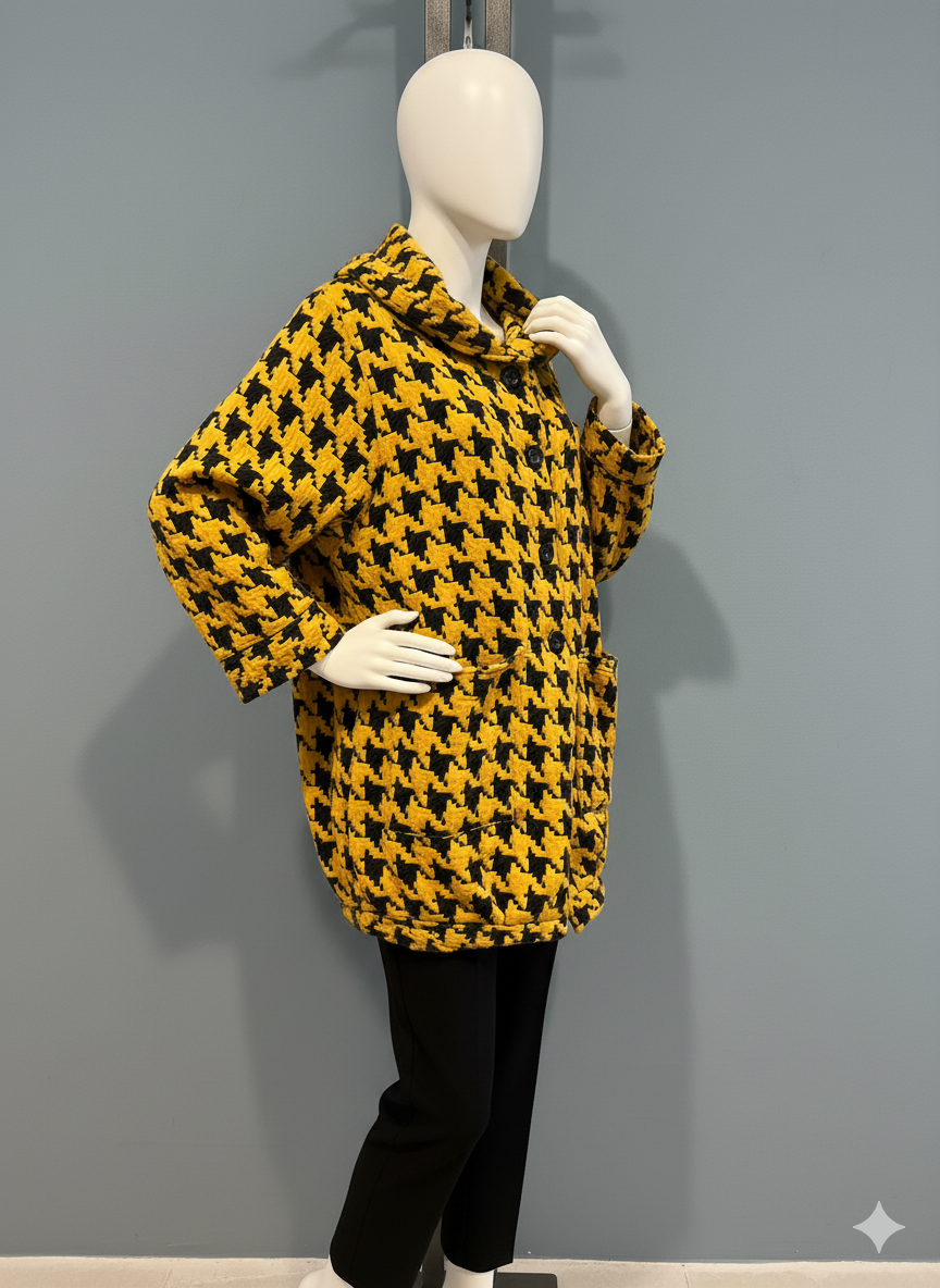 Auffällig & Trendy: Hahnentritt Mantel | Oversize-Steppjacke in Schwarz-Gelb