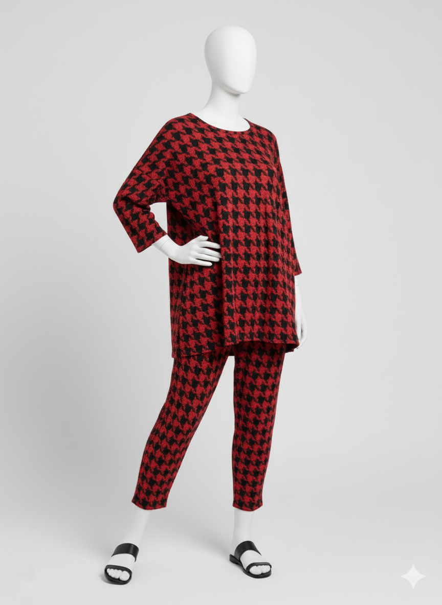 Elegantes Zweiteiler-Set mit rotem Hahnentrittmuster