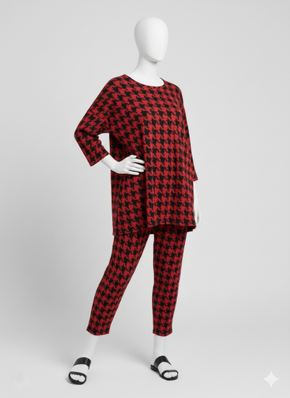 Elegantes Zweiteiler-Set mit rotem Hahnentrittmuster