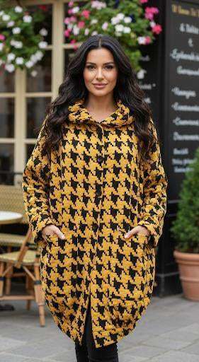 Auffällig & Trendy: Hahnentritt Mantel | Oversize-Steppjacke in Schwarz-Gelb
