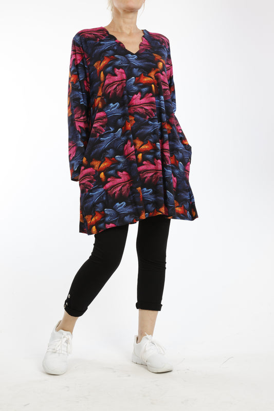 Damen Langarmshirt mit Herbstlaub-Muster – Bequeme Viskose Tunika für Übergangszeit & Alltag - Naveed Mode GmbH
