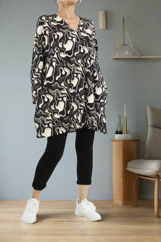Damen Langarmshirt mit Wirbelmuster – Bequeme Viskose Tunika mit Lockerem Schnitt - Naveed Mode GmbH