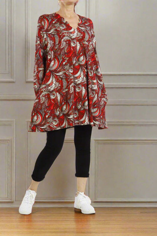 Rotes Paisley Langarm-Shirt – Extravagantes Muster Damen - Naveed Mode GmbH