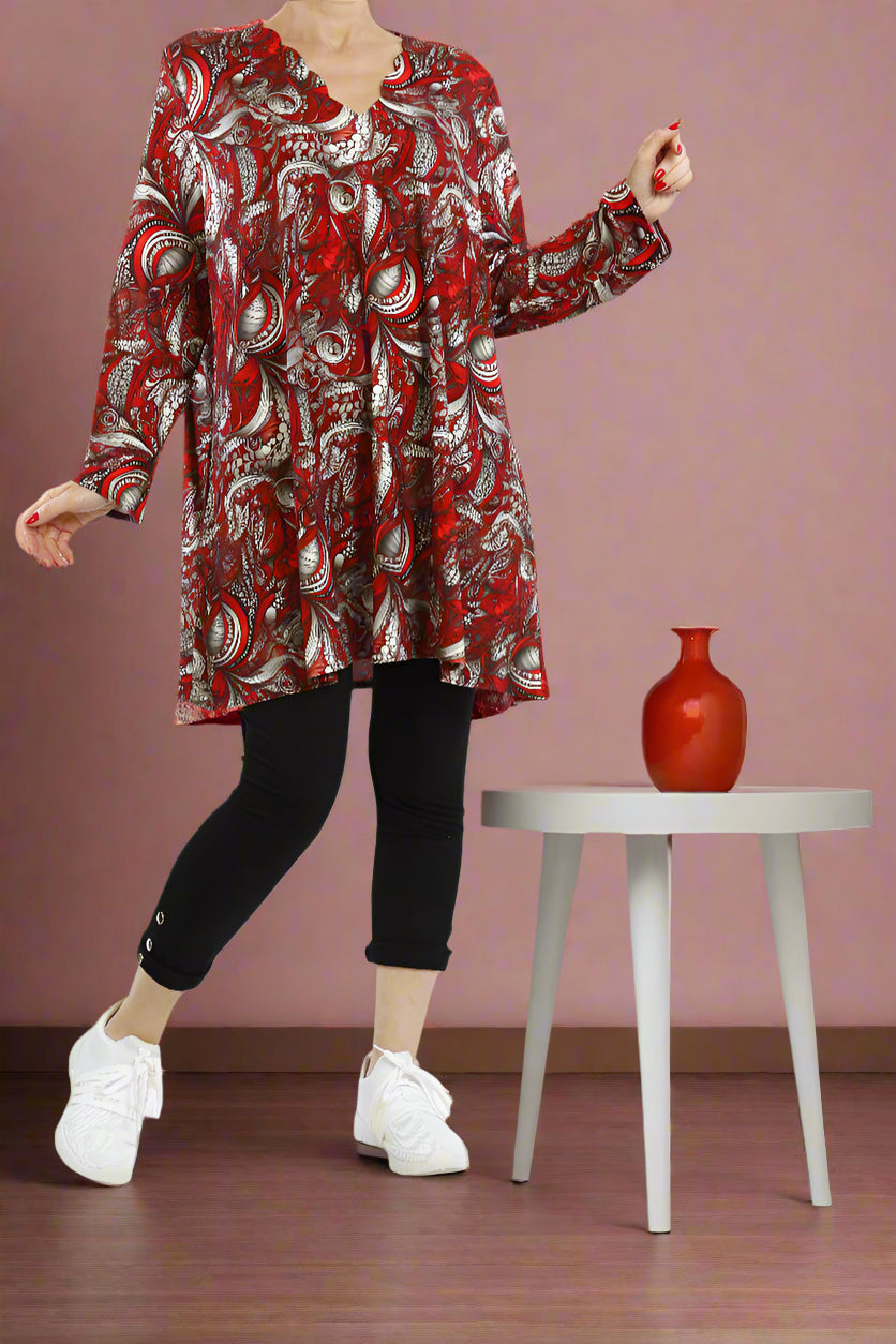 Rotes Paisley Langarm-Shirt – Extravagantes Muster Damen - Naveed Mode GmbH
