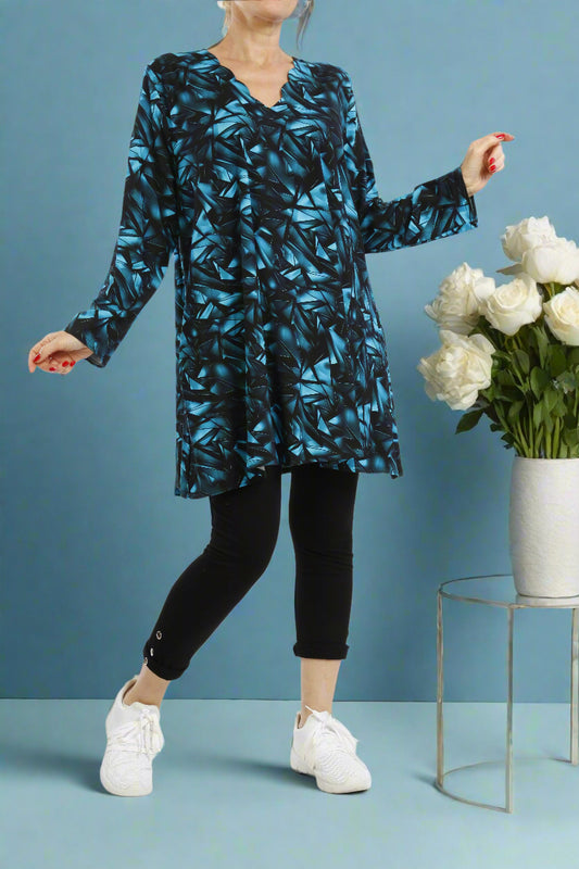 Viskose Türkis-Schwarz gemustertes Langarmshirt Damen - Naveed Mode GmbH