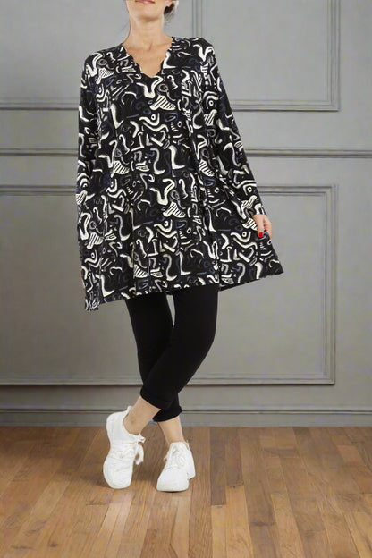 Schwarz-Weiß Abstrakt Langarm-Shirt Damen - Naveed Mode GmbH