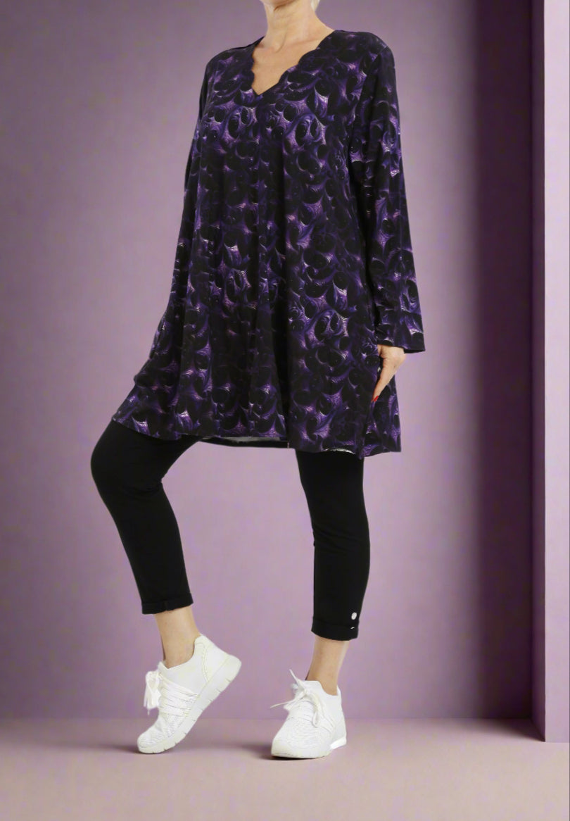Viskose Lila-Schwarz abstraktes Langarmshirt für Damen - Naveed Mode GmbH