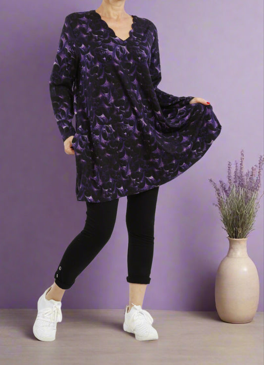 Viskose Lila-Schwarz abstraktes Langarmshirt für Damen - Naveed Mode GmbH