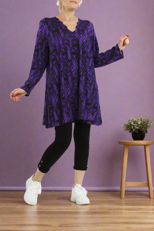 Damen Langarmshirt mit Zickzack-Muster – Bequeme Viskose Tunika mit Modernem Design - Naveed Mode GmbH