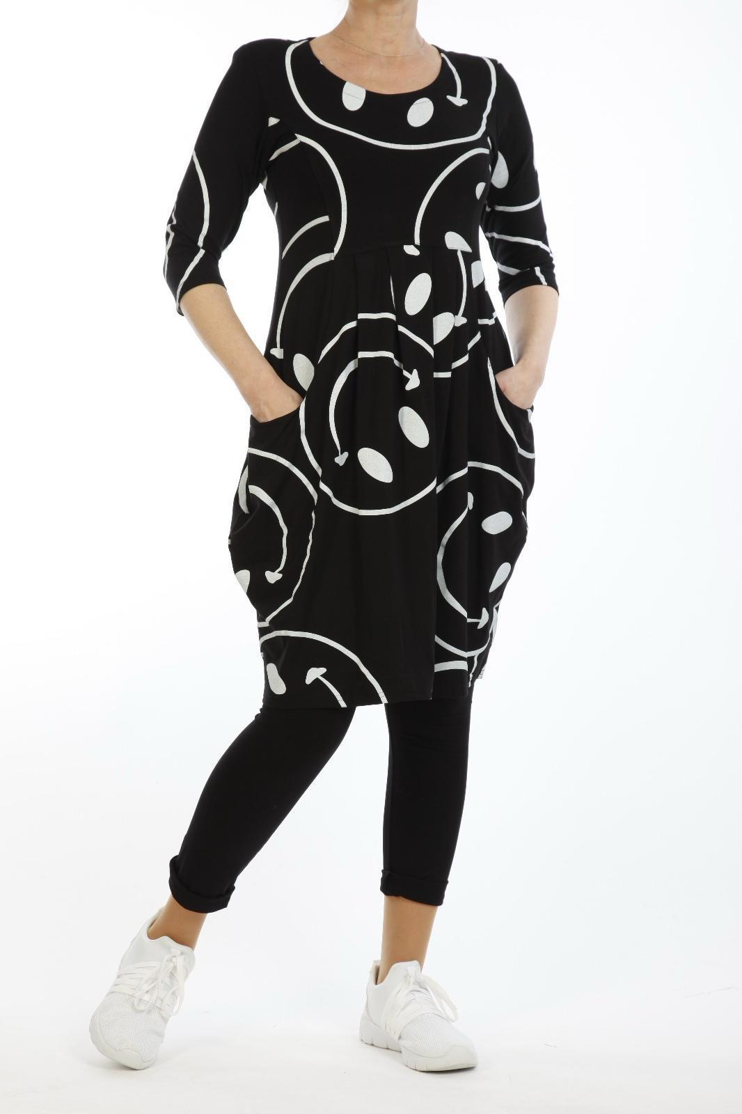 Streetwear Damen Kleid – Asymmetrischer Print – Schwarz Weiß – Lässige Tunika mit Taschen