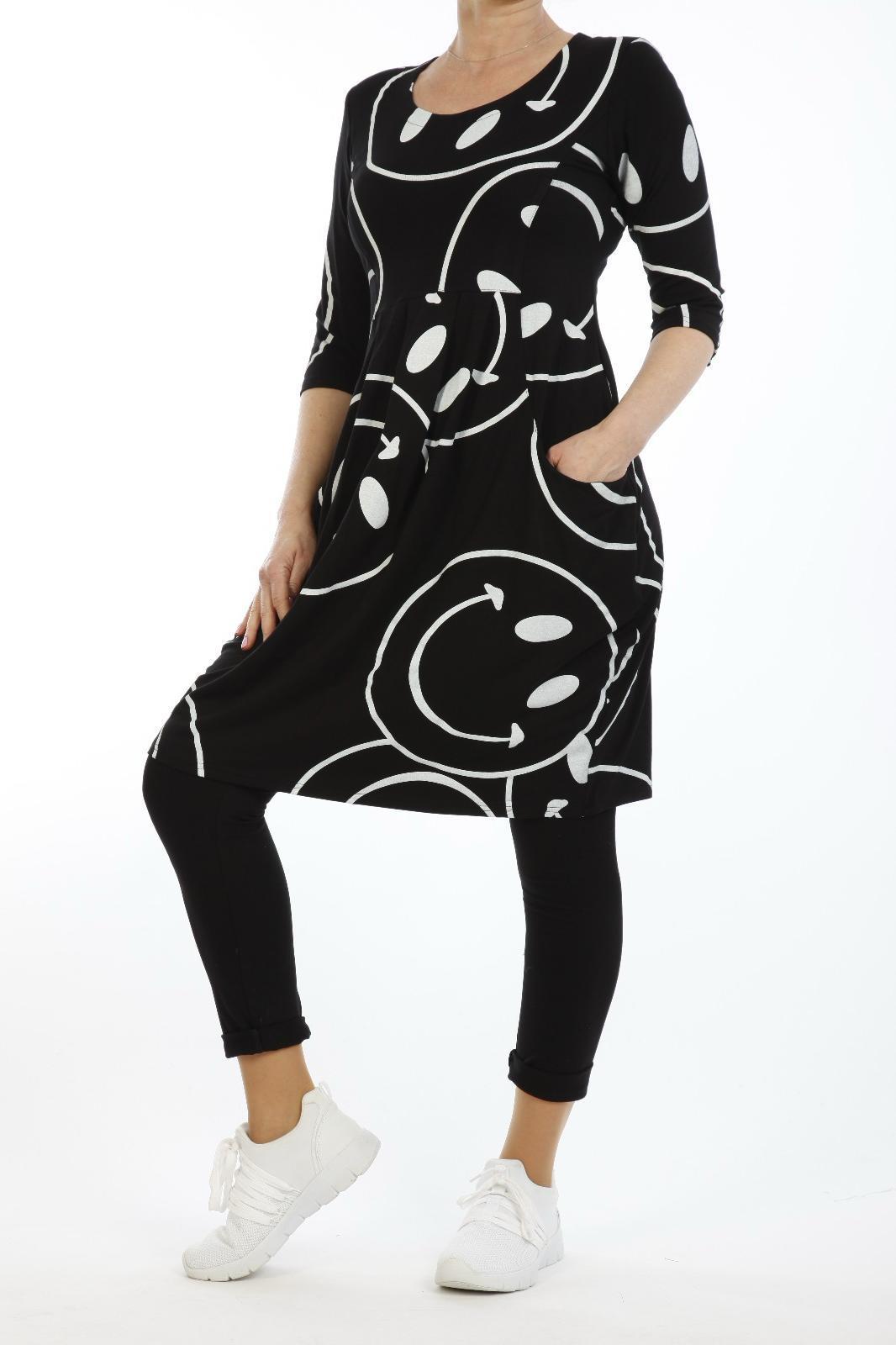 Streetwear Damen Kleid – Asymmetrischer Print – Schwarz Weiß – Lässige Tunika mit Taschen