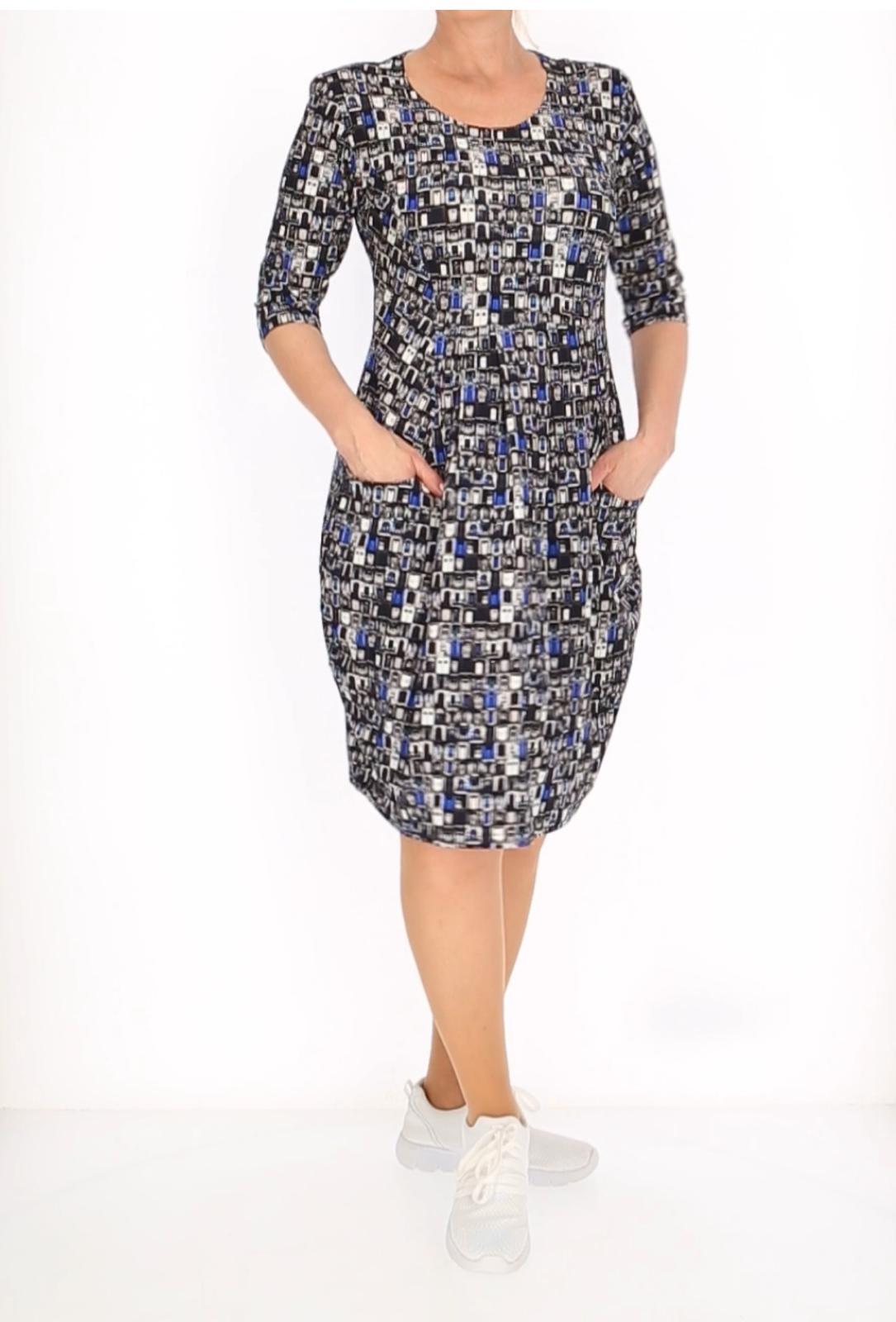 Kniekurzes Damenkleid mit buntem Türen-Print – Freizeitkleid mit Taschen