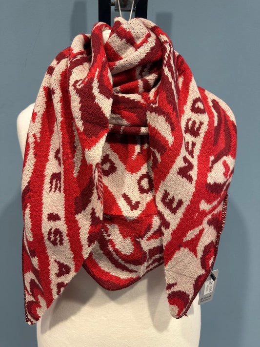 Damen - Schal Love is All We Need Herz Viscose Strick Poncho Rot Creme NEU
