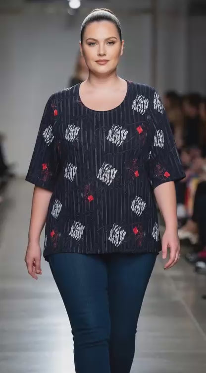 Modernes T-Shirt Für Curve Frauen mit Grafik-Print – Damen- Kontrast-Design